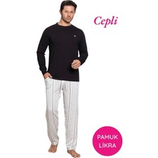 Bie's Erkek Siyah Düğmesiz Çizgili Jakar Kumaş Mevsimlik Kol Manşetli Uzun Kol Cepli Pijama Takımı