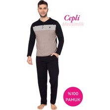 Bie's Erkek Siyah 3 Düğmeli %100 Pamuk Mevsimlik Uzun Kol Cepli Pijama Takımı