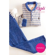 Bie's Erkek Mavi Gri 3 Düğme Çizgili Kışlık Pamuklu Selanik Kumaş Uzun Manşetli Kol Cepli Pijama Takımı