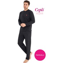 Bie's Erkek Antrasit 3 Düğme Göğüs Cepli Kışlık Pamuklu Selanik Kumaş Uzun Manşetli Kol Cepli Pijama Takımı