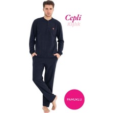 Bie's Erkek Mavi 3 Düğme Göğüs Cepli Kışlık Pamuklu Selanik Kumaş Uzun Manşetli Kol Cepli Pijama Takımı