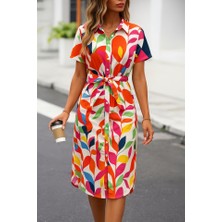 Arben Boutique Kadın Kısa Kollu Yakalı Önü Düğmeli Önden Drapeli Desenli Süprem Elbise