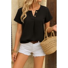 Aisha Elbise Kadın Kısa Kollu Çentikli V Düğme Detaylı V Yaka Önden Pileli Ithal Keten Bluz