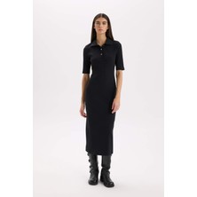 DeFacto Bodycon Vücudu Saran Polo Yaka Fitilli Kaşkorse Kısa Kollu Midi Elbise D8296AX25SP