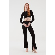 Quzu Büzgü Detaylı Crop Bluz Siyah