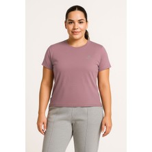 Gül Kurusu Baskılı O Yaka Rahat Form Battal Büyük Beden Kadın T-Shirt - 97308