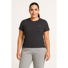 Koyu Gri Baskılı O Yaka Rahat Form Battal Büyük Beden Kadın T-Shirt - 97308