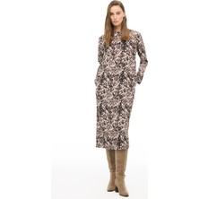 Kahverengi Bisiklet Yaka Leopar Midi Elbise
