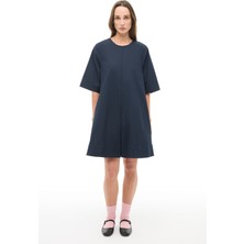 Lacivert  Bisiklet Yaka Kısa Boy Elbise