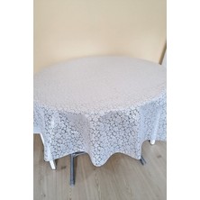 Üstü Şeffaf Muşamba Kaplama Dantel Görünüm Yuvarlak Masa Örtüsü -137 cm Çap -Beyaz Renk-Cck