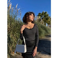 V Yaka Çizgili Bluz Siyah A3699