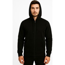 Erkek Siyah Fermuarlı Kapüşonlu SWEATSHIRT-W590