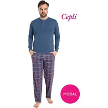 Bie's Erkek Mavi 3 Düğmeli Ekose Desen Pamuk Likra Mevsimlik Modal Uzun Kol Cepli Pijama Takımı