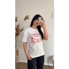 Desenli Baskılı Kısa Kolu Pamuklu Tshirt Kadın Marka Model Tişört