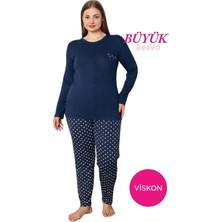 Bie's Kadın Lacivert Büyük Beden Bisiklet Yaka Düğmesiz Dökümlü Viskon Mevsimlik Uzun Kol Cepli Pijama Takımı