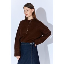 Kadın Kahve Bisiklet Yaka Basic Triko Kazak