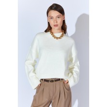 Kadın Krem Bisiklet Yaka Basic Triko Kazak