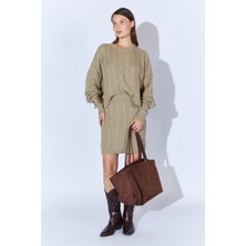 Kadın Vizon Saç Örgülü Etek Kazak Takım