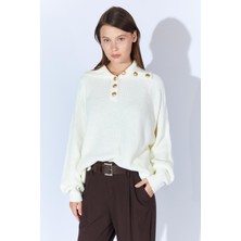 Kadın Kemik Şal Yaka Düğmeli Triko Kazak