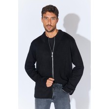 Erkek Siyah-Gri Double Face Akrilik Fermuarlı Hırka