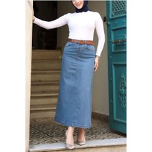 Vellichor Kemerli Mavi Kot Etek Doğal Kumaşlı Uzun Normal Bel Kadın 2025 Sonbahar - Kış