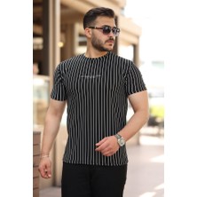 Erkek Dikey Çizgili Ottoman Kumaş Kısa Kollu T-Shirt