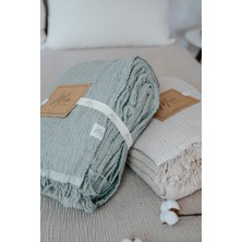 Mia Mina Home & Baby 4 Kat Müslin Tek Kişilik %100 Pamuk Haki - Ekru 175 x 240 cm Saçaklı Yatak Örtüsü - Pike