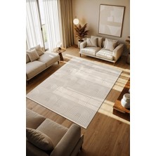 Cotto Motto TT002W Krem Halı Modern Geometrik Çizgili Pamuk Taban Yıkanabilir Salon Mutfak Halısı