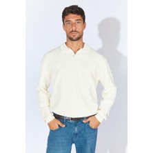Erkek Ekru Ayaklı V Yaka Fitilli Basic Triko