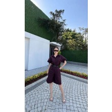 Yakalı Gömlek Kemerli Şortlu Takım - Bordo