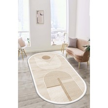 Makinede Yıkanabilir Kaymaz Taban Leke Tutmaz Bej Oval Salon Halısı Mutfak Halısı ve Yolluk