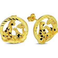 18K Altın Kaplamalı 925 Ayar Gümüş Panter ve Yavrusu Küpe - 12111801