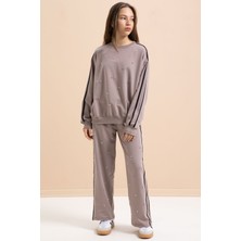 Kahverengi Inci Işlemeli Bisiklet Yaka Kız Çocuk Şeritli Eşofman Takımı 21294