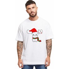 Ren Geyiği Baskılı Noel Için T-Shirt - Beyaz
