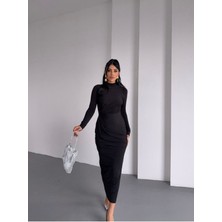 Drapeli Sandy Kumaş Uzun Kol Elbise