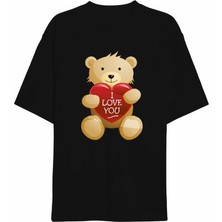 Sevgililer Günü Için Özel Tasarım I Love You Ayı Baskılı T-Shirt - Siyah