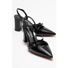 Kadın 2 Biyeli Arkası Açık Topuklu Siyah Rugan