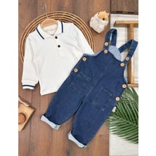 Salopet Likralı Kot Polo Yaka Sweatshirt Düğmeli Salopet Erkek Bebek Takım