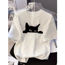 Baskılı Oversize Bisiklet Yaka T-Shirt - Beyaz