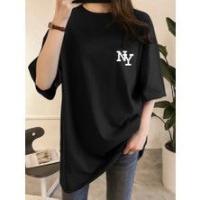 Baskılı Oversize Bisiklet Yaka T-Shirt - Siyah