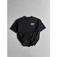 Baskılı Oversize Bisiklet Yaka T-Shirt - Siyah
