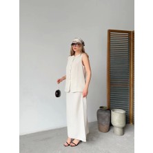 Keten Kolsuz Hırka Etek Ikili Takım- Beyaz