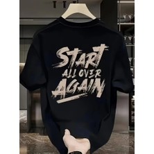 Baskılı Oversize Bisiklet Yaka T-Shirt - Siyah