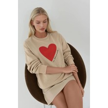 Hiccup Kadın Baskılı Yuvarlak Yaka Sweatshirt Bej Doğal