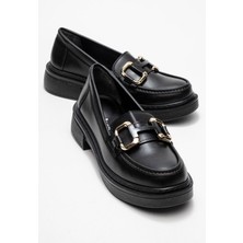 Kadın Kare Tokalı Loafer Ayakkabı  SİYAH CİLT