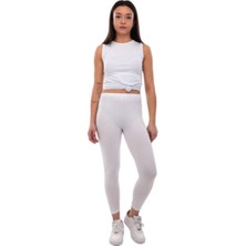 Kadın Beyaz Penye Elastan Düz Desensiz Yüksek Bel Tayt