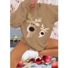 Kadın Uzun Kollu Bisiklet Yaka Geyik Desenli Viskon Iki Iplik Bluz