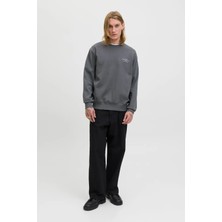 Jack & Jones Erkek Jprblachad Baskılı Bisiklet Yaka Sweatshirt 12261386 Füme