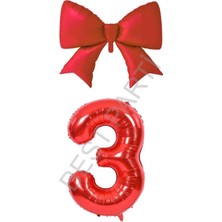 Best Parti Kırmızı Renk Fiyonk Rakam Folyo Balon Seti Yaş 3