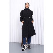 Siyah Çıtçıtlı Bel Lastikli Trençkot